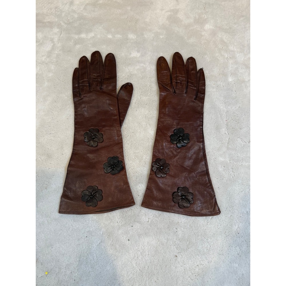 Aris Kasanova Vintage Brown Leather Floral Applique Long Opera Gauntlet Gloves